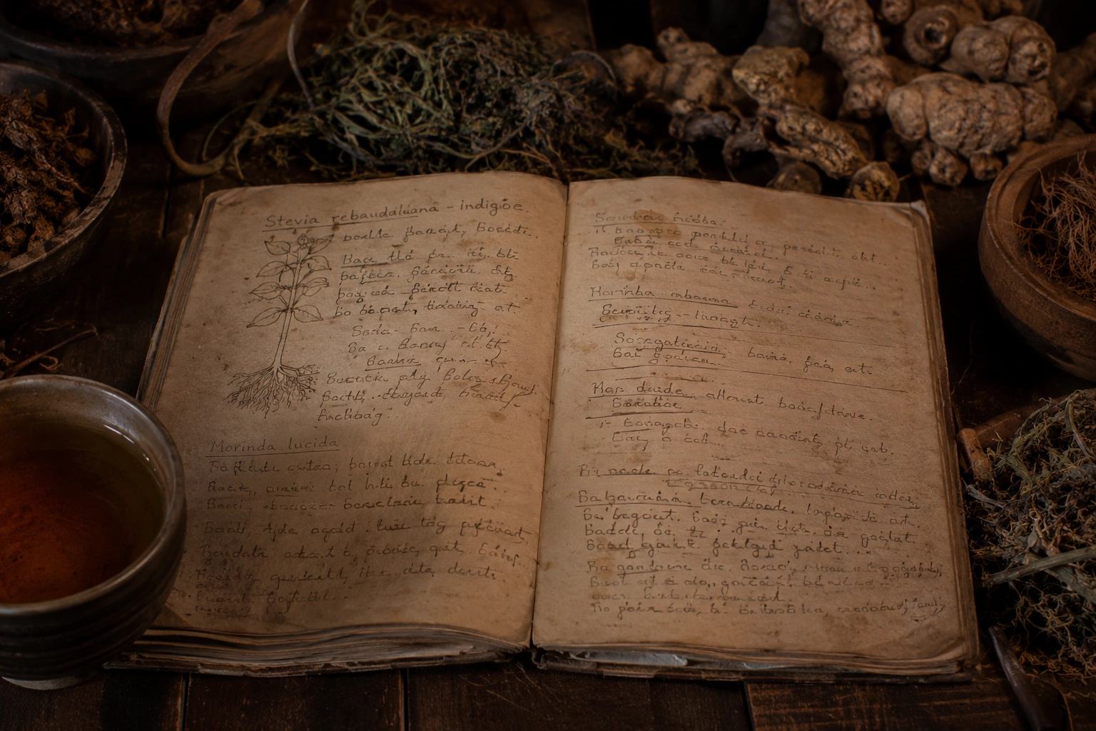 Old herbal notebook with traditional Vita x Tea recipe