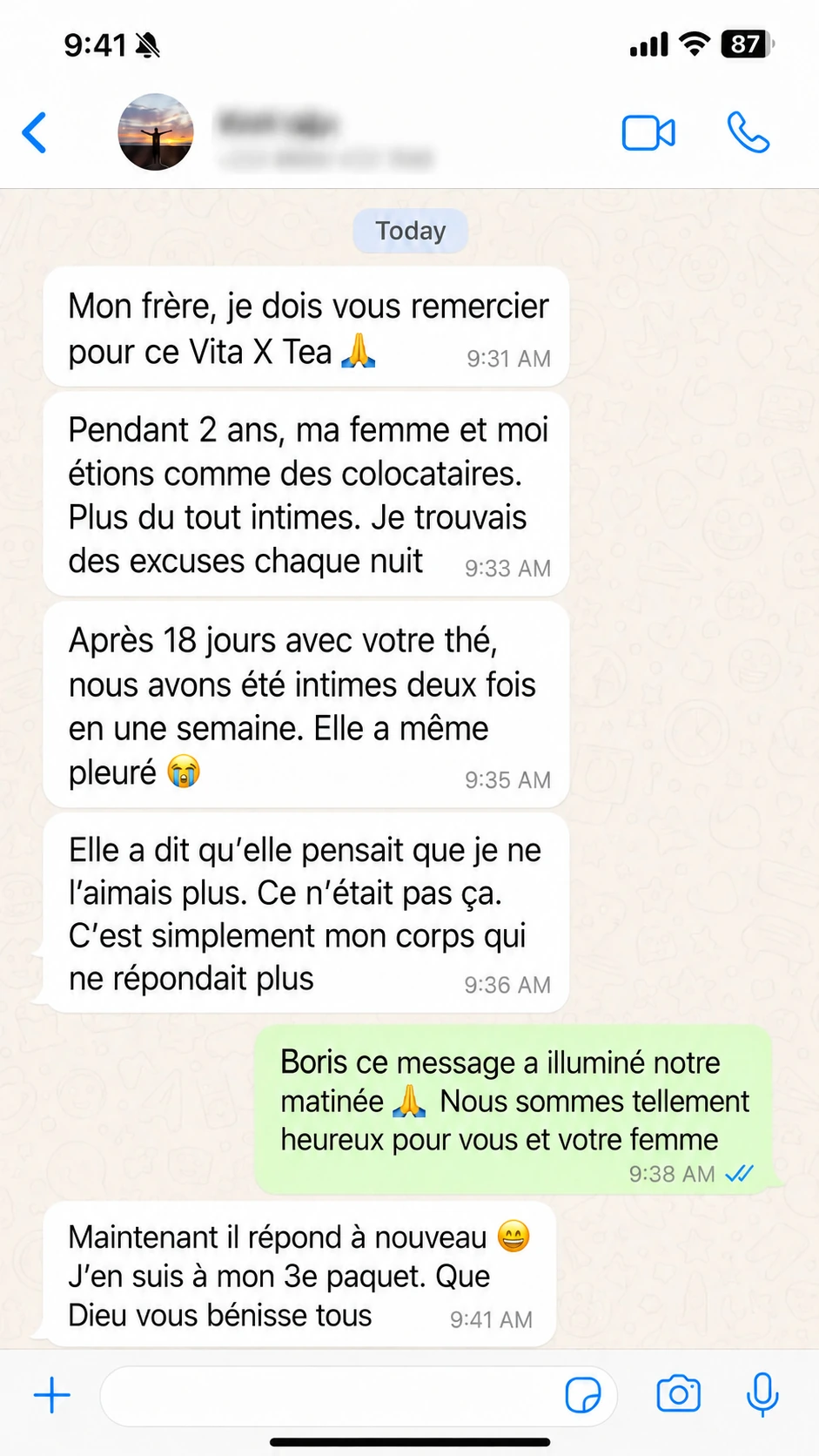 Témoignage WhatsApp de Patrick sur Vita x Tea