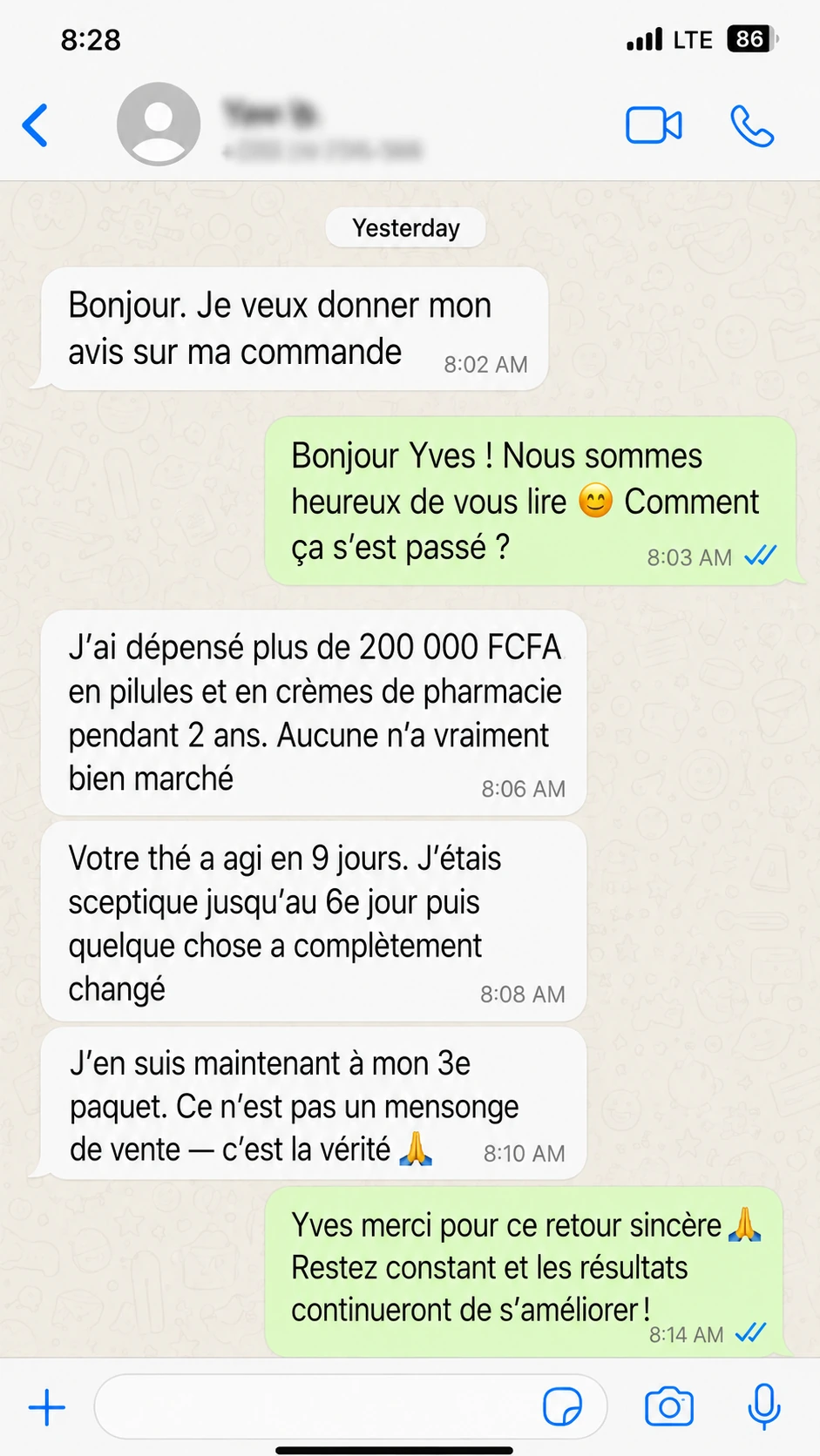 Témoignage WhatsApp de Patrick sur Vita x Tea