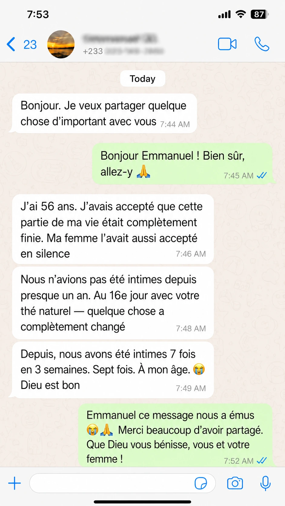 Témoignage WhatsApp d’Emmanuel sur Vita x Tea