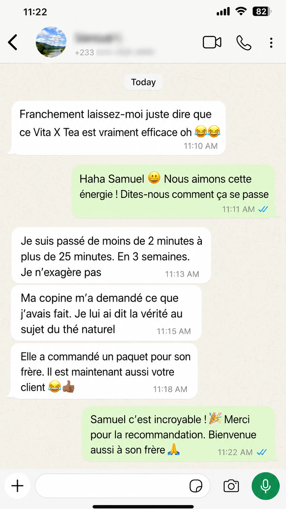 Témoignage WhatsApp d’Ateba sur Vita x Tea