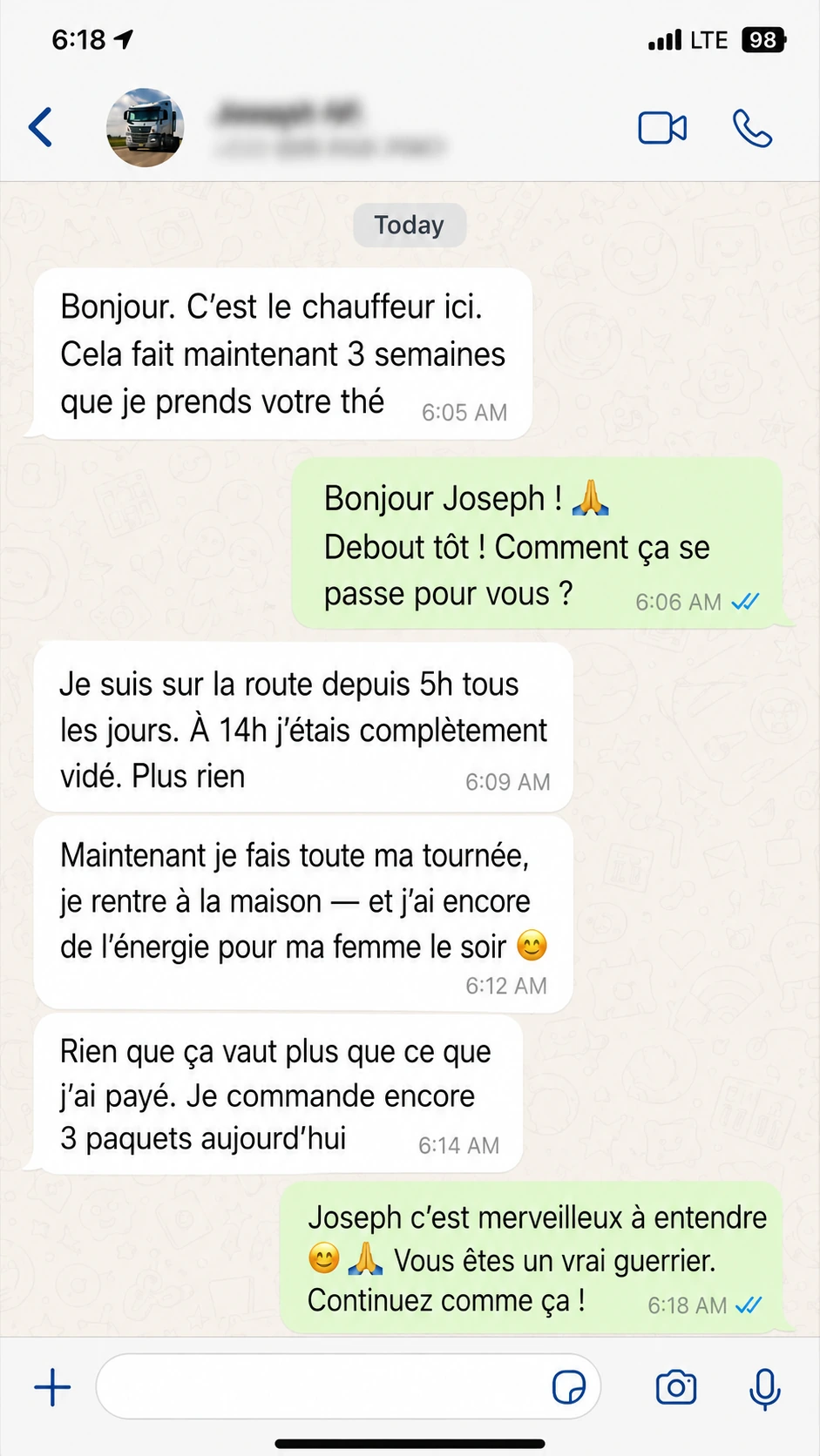 Témoignage WhatsApp de Jean-Pierre sur Vita x Tea