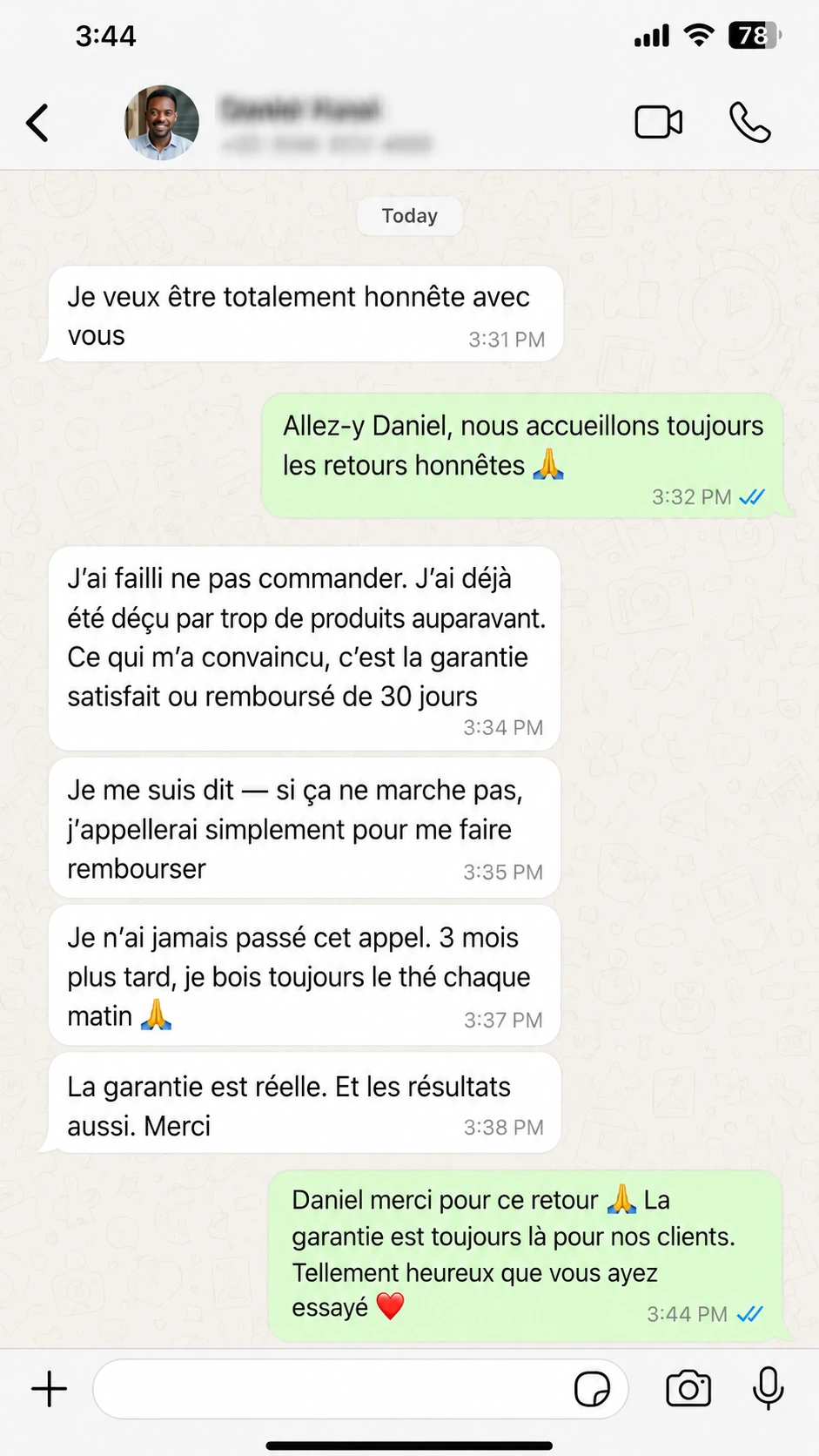 Témoignage WhatsApp d’Ateba sur Vita x Tea
