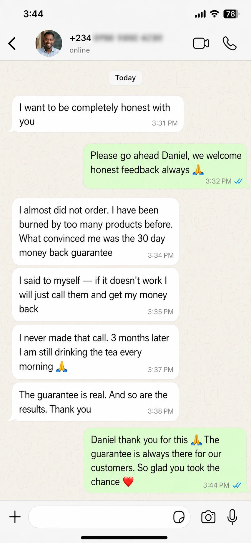 WhatsApp testimonial from Daniel about Vita X Tea