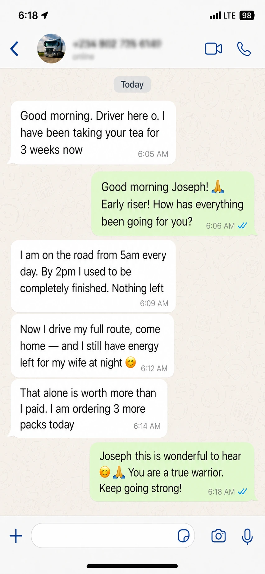 WhatsApp testimonial from Joseph about Vita X Tea