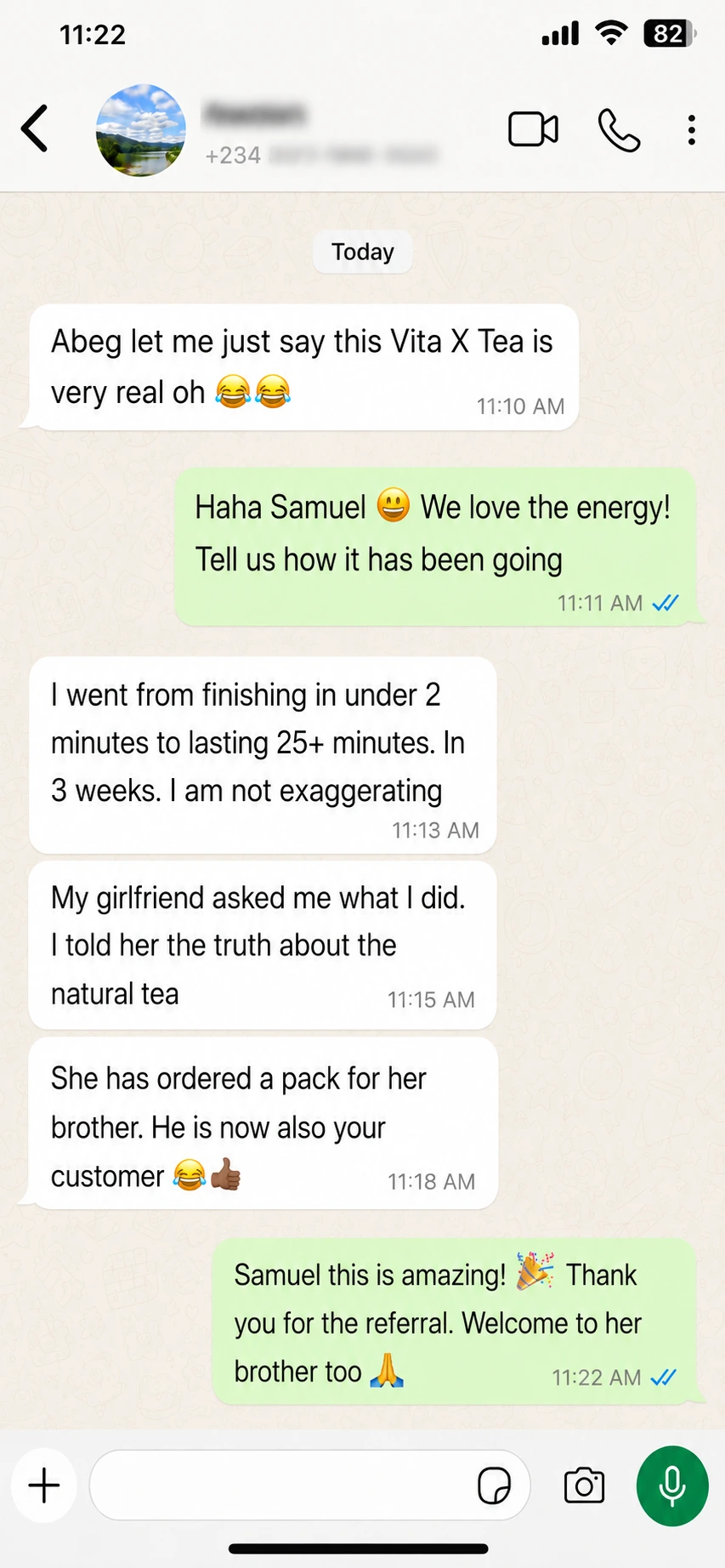 WhatsApp testimonial from Samuel about Vita X Tea