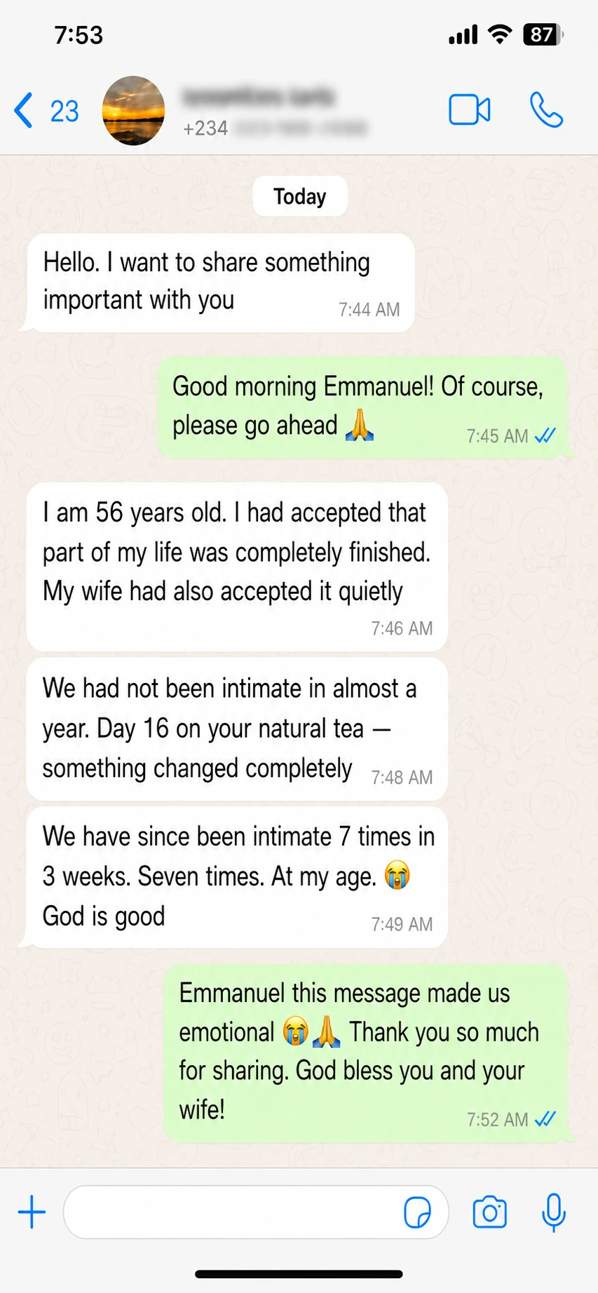 WhatsApp testimonial from Emmanuel about Vita X Tea