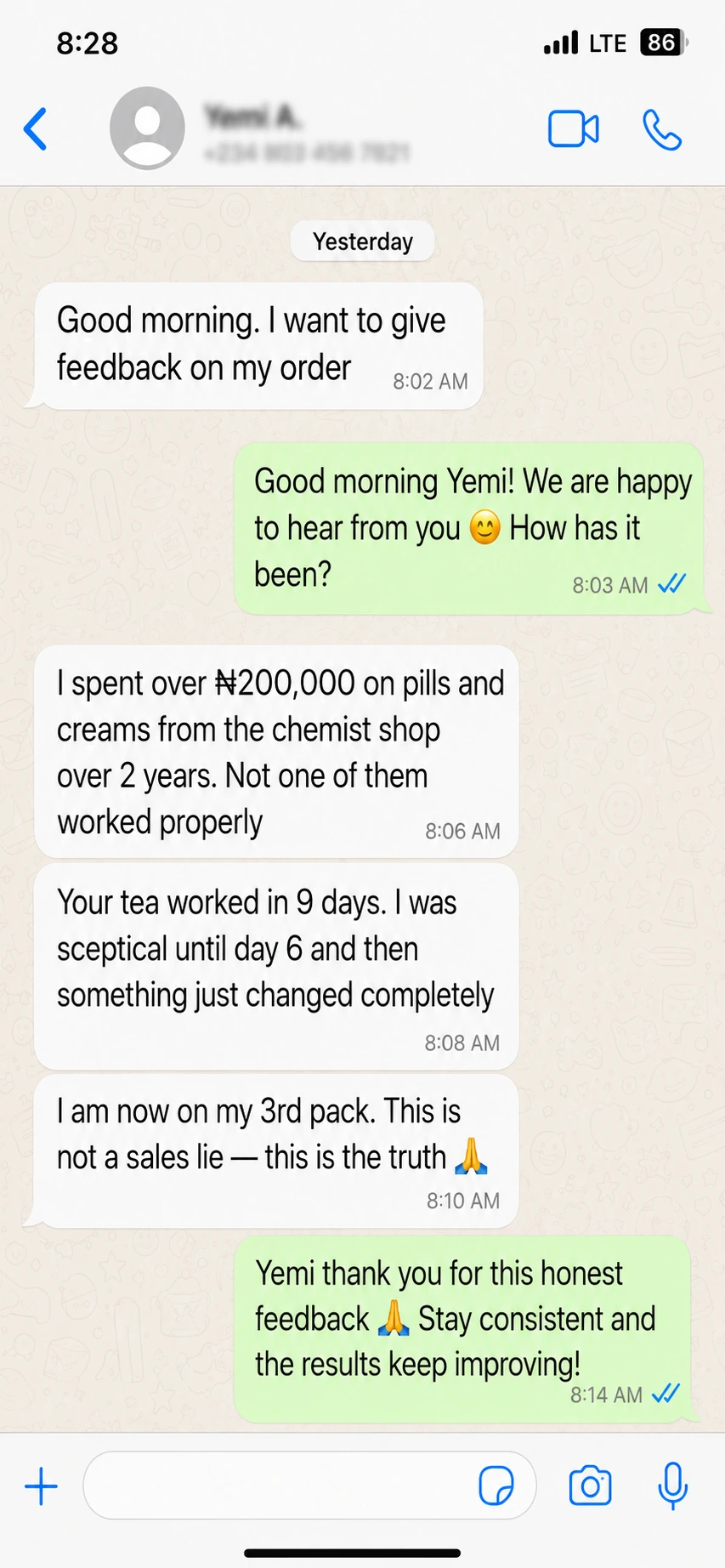 WhatsApp testimonial from Yemi about Vita X Tea
