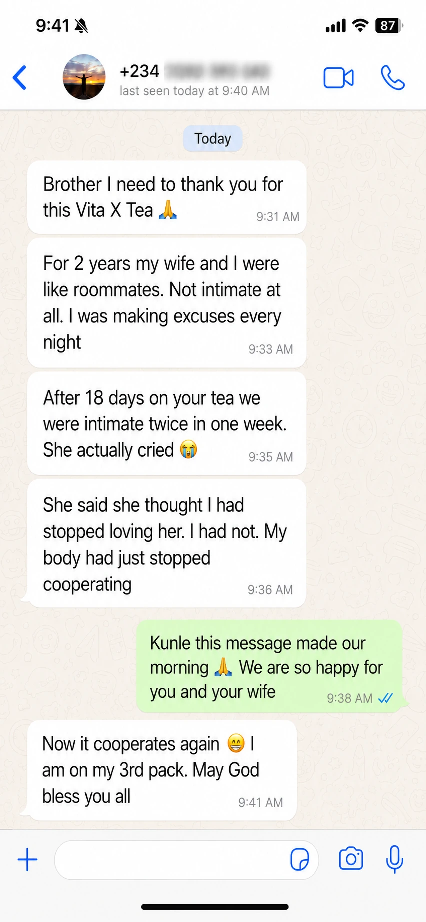 WhatsApp testimonial from Kunle about Vita X Tea