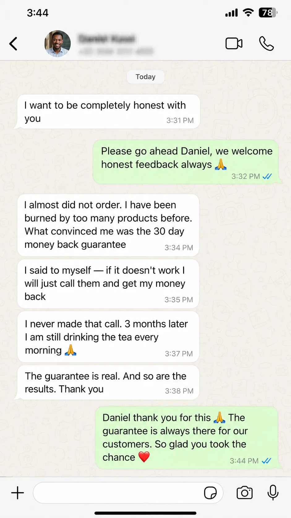 WhatsApp testimonial from Samuel about Vita x Tea