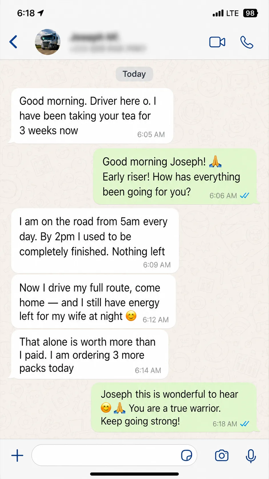 WhatsApp testimonial from Emmanuel about Vita x Tea