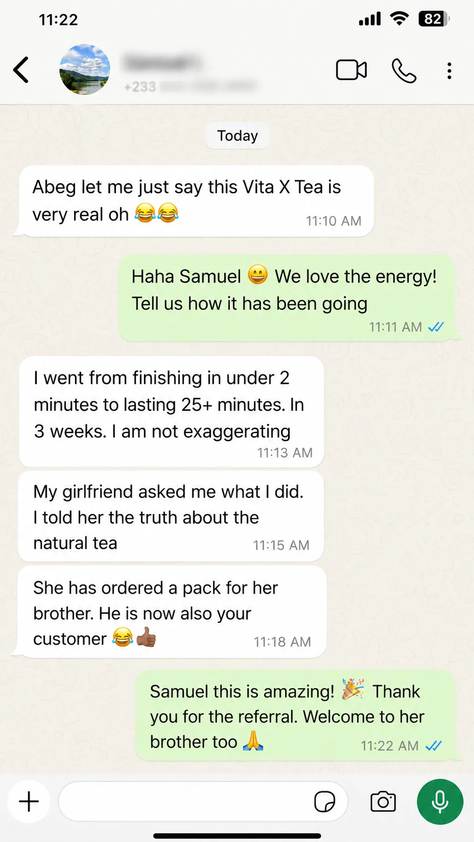 WhatsApp testimonial from Yaw about Vita x Tea