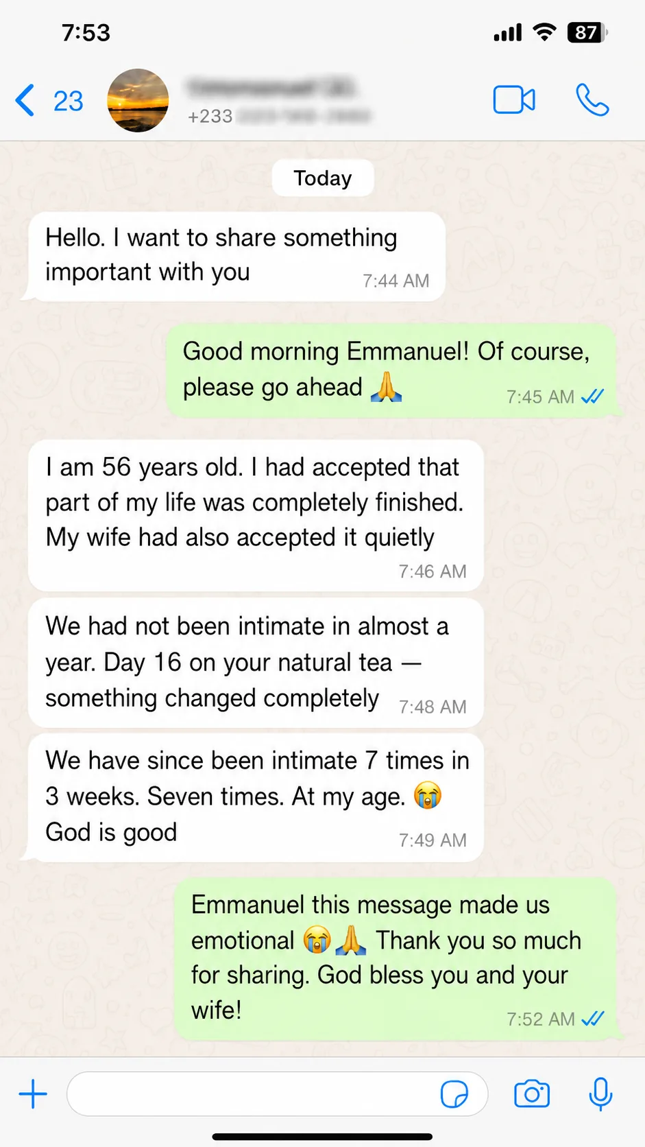 WhatsApp testimonial from Kofi about Vita x Tea