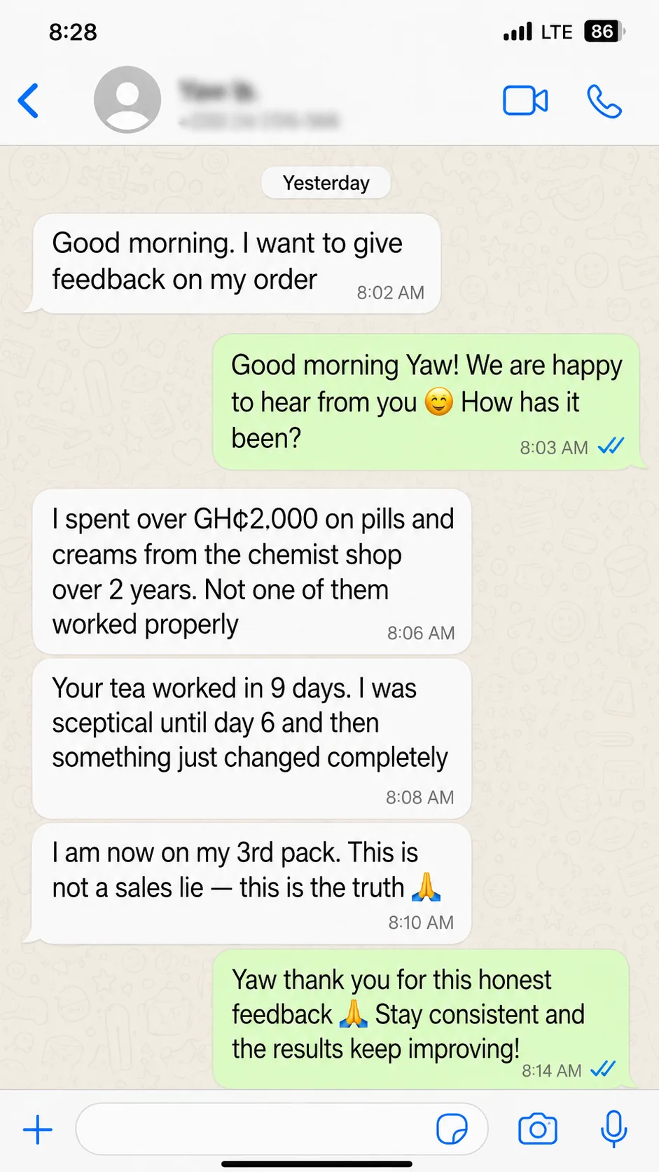 WhatsApp testimonial from Yaw about Vita x Tea