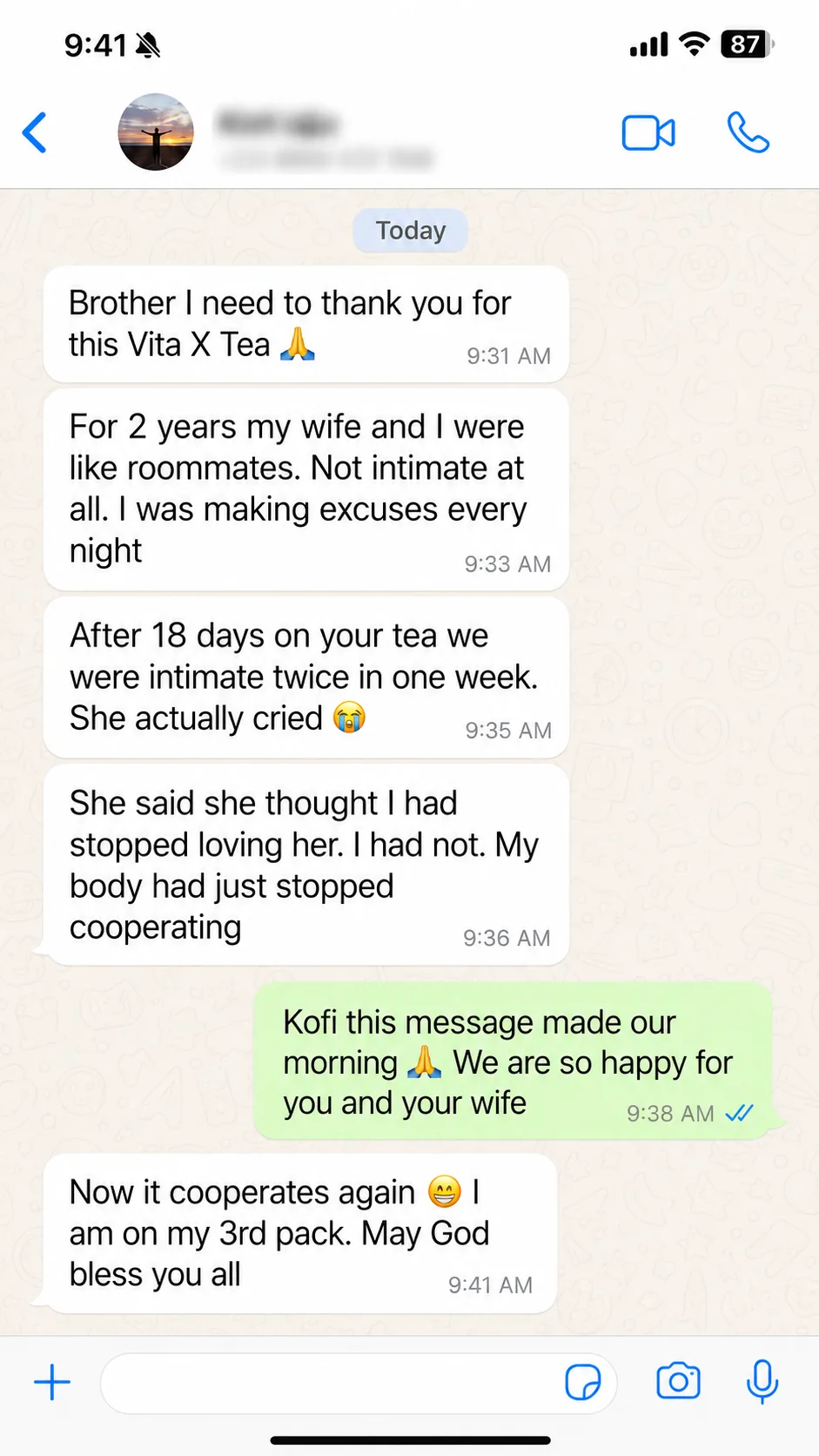 WhatsApp testimonial from Samuel about Vita x Tea